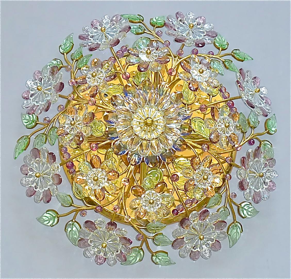 Signed Palwa Flush Mount Chandelier Gilt Brass Flower Bouquet Crystal Glass 1960 For Sale 12