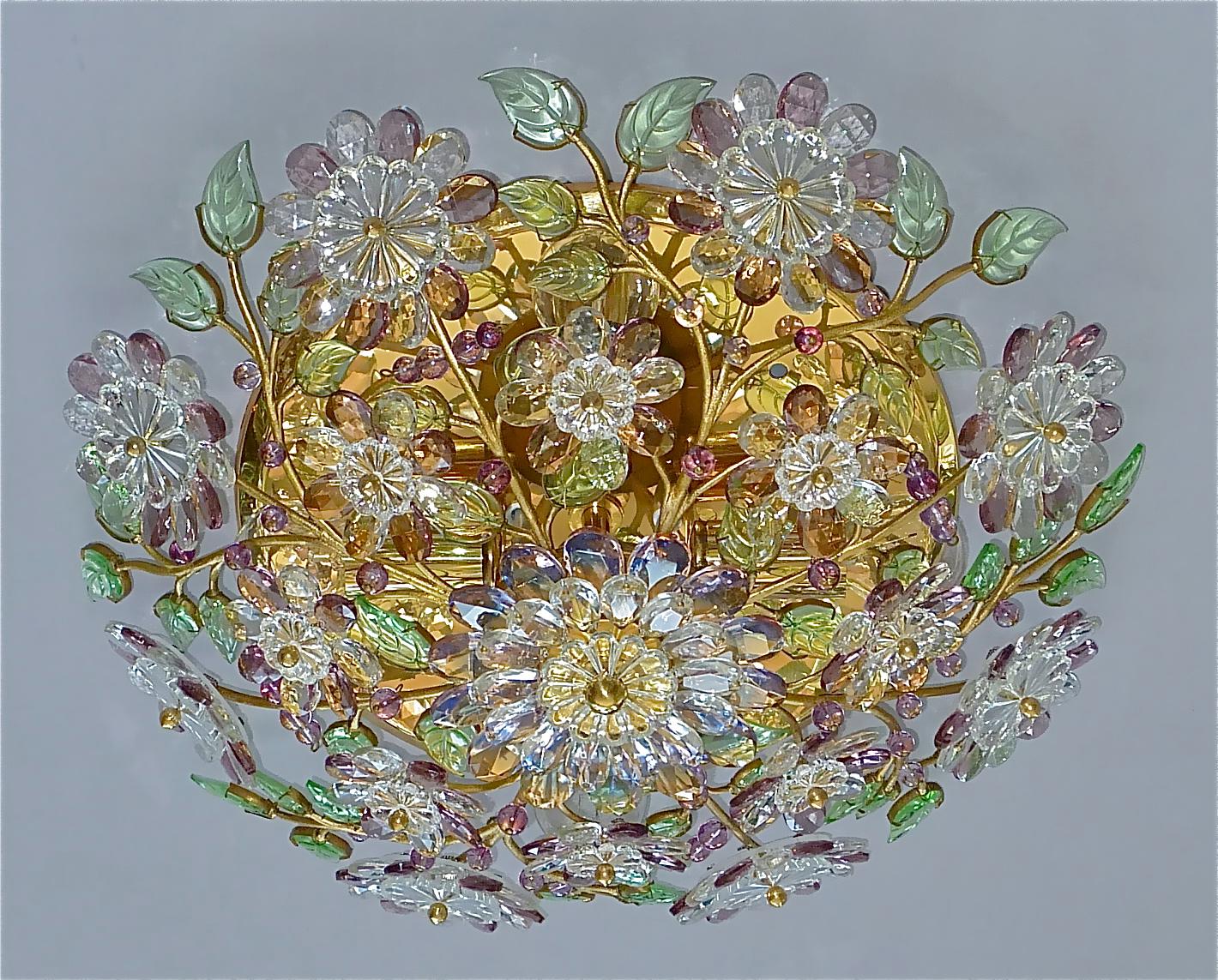 Hollywood Regency Signed Palwa Flush Mount Chandelier Gilt Brass Flower Bouquet Crystal Glass 1960