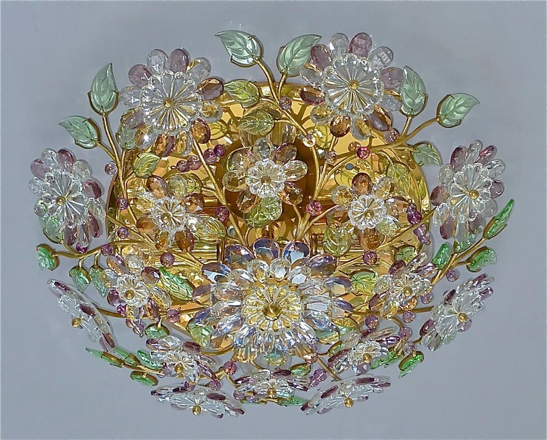 Hollywood Regency Signed Palwa Flush Mount Chandelier Gilt Brass Flower Bouquet Crystal Glass 1960 For Sale
