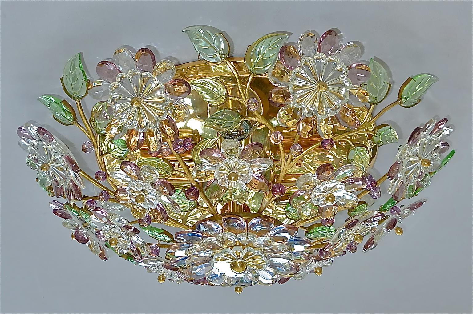 German Signed Palwa Flush Mount Chandelier Gilt Brass Flower Bouquet Crystal Glass 1960 For Sale