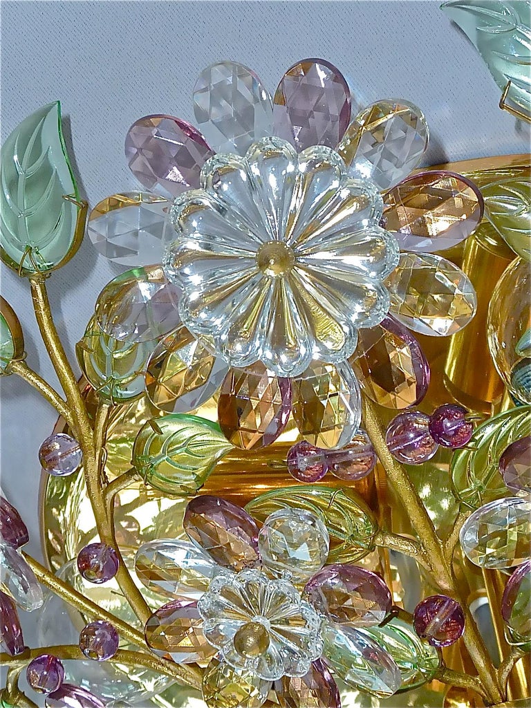 Hand-Crafted Signed Palwa Flush Mount Chandelier Gilt Brass Flower Bouquet Crystal Glass 1960 For Sale