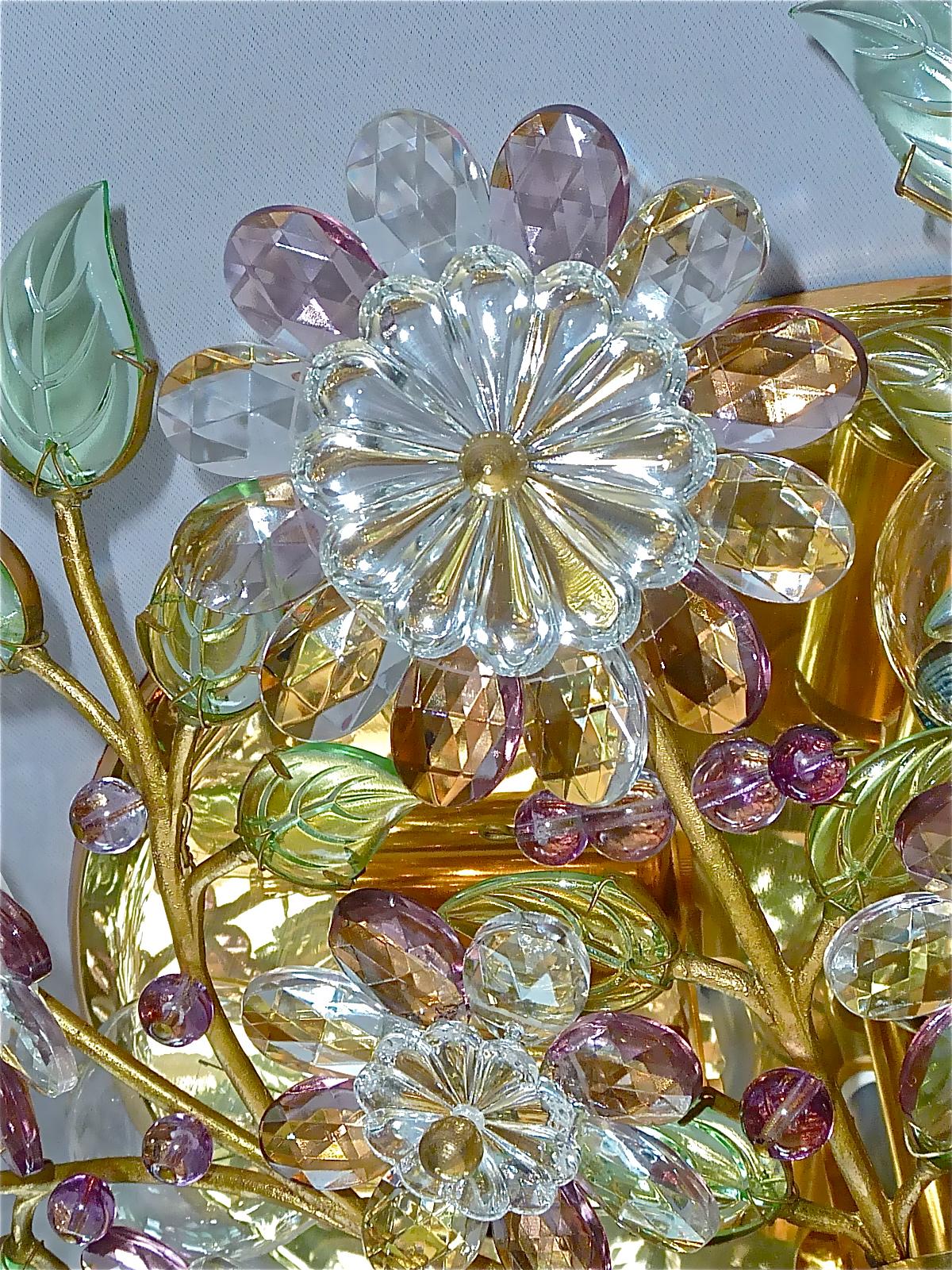 Faceted Signed Palwa Flush Mount Chandelier Gilt Brass Flower Bouquet Crystal Glass 1960 For Sale