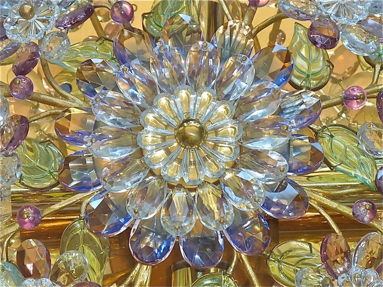 Signed Palwa Flush Mount Chandelier Gilt Brass Flower Bouquet Crystal Glass 1960 In Good Condition For Sale In Nierstein am Rhein, DE