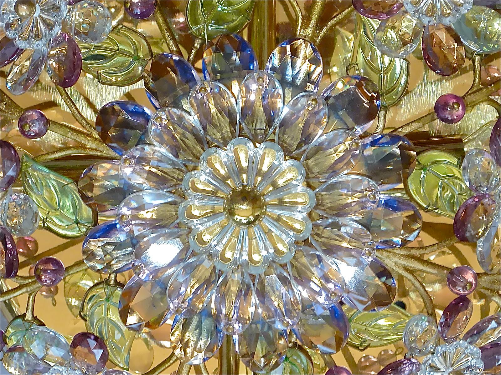 Mid-20th Century Signed Palwa Flush Mount Chandelier Gilt Brass Flower Bouquet Crystal Glass 1960