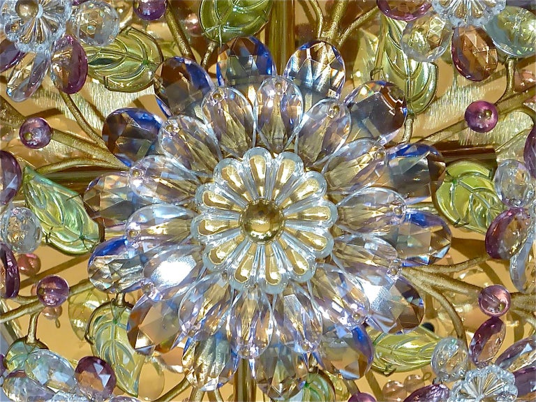 Mid-20th Century Signed Palwa Flush Mount Chandelier Gilt Brass Flower Bouquet Crystal Glass 1960 For Sale