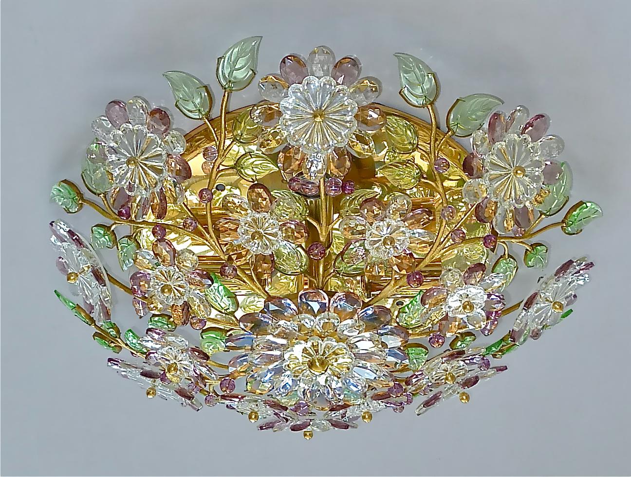 Metal Signed Palwa Flush Mount Chandelier Gilt Brass Flower Bouquet Crystal Glass 1960