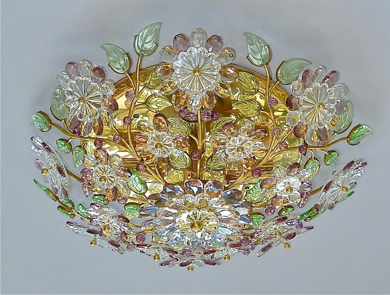 Metal Signed Palwa Flush Mount Chandelier Gilt Brass Flower Bouquet Crystal Glass 1960 For Sale
