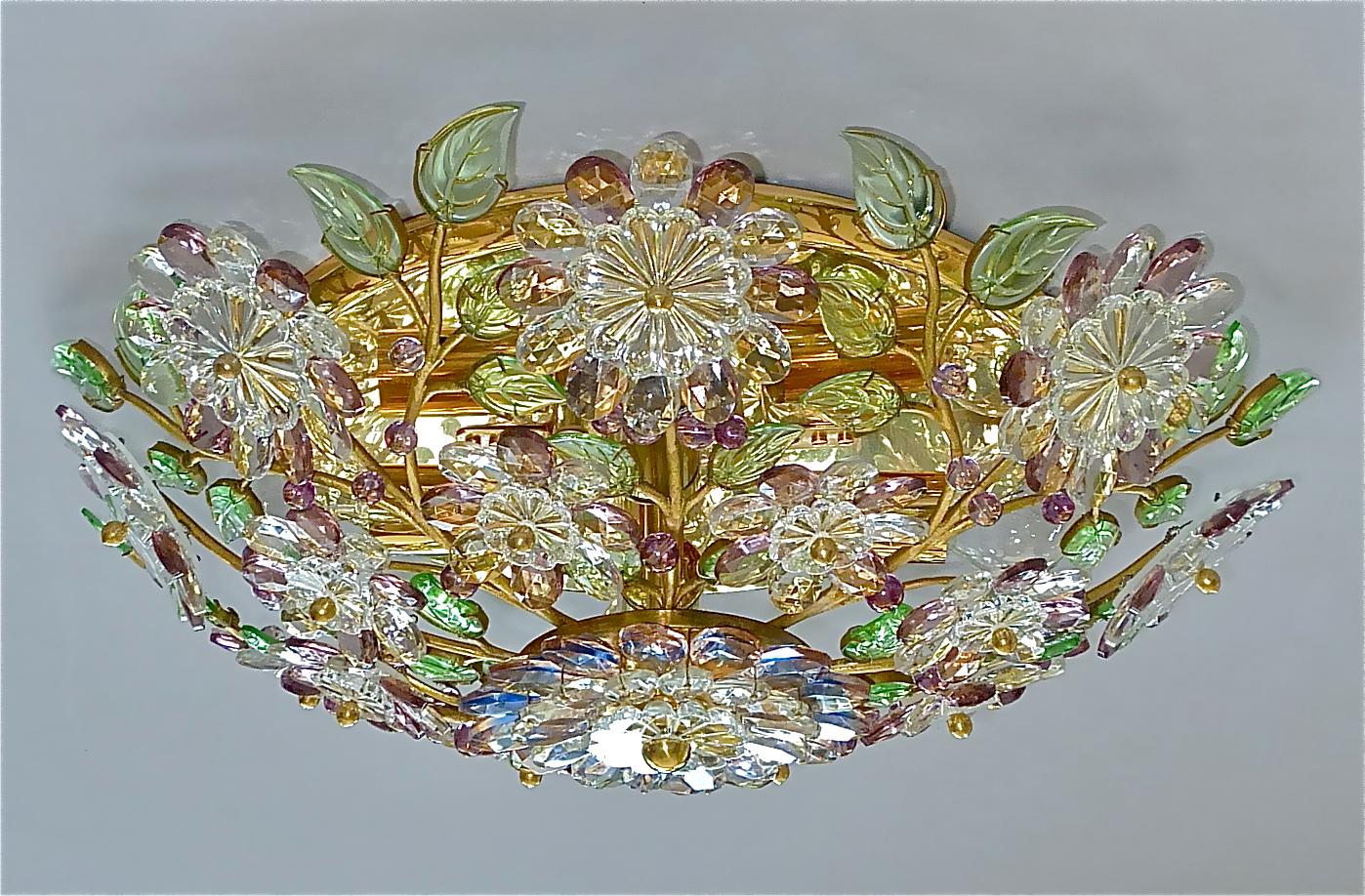 Signed Palwa Flush Mount Chandelier Gilt Brass Flower Bouquet Crystal Glass 1960 1