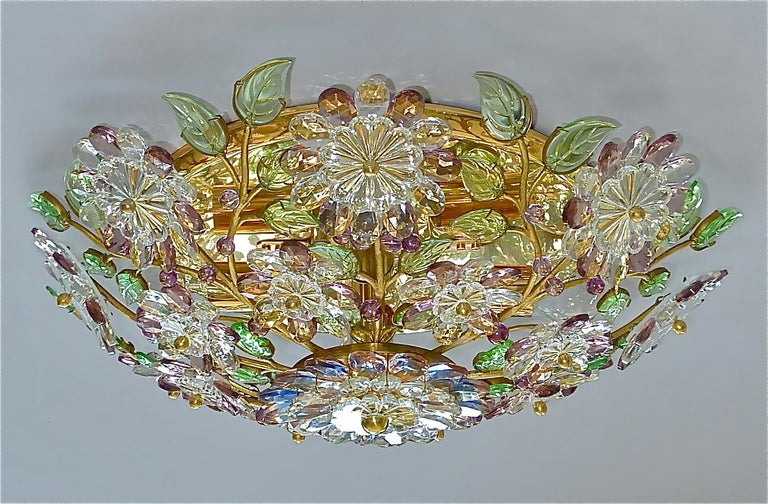 Signed Palwa Flush Mount Chandelier Gilt Brass Flower Bouquet Crystal Glass 1960 For Sale 1