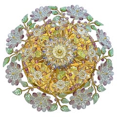Signed Palwa Flush Mount Chandelier Gilt Brass Flower Bouquet Crystal Glass 1960
