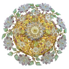Signed Palwa Flush Mount Chandelier Gilt Brass Flower Bouquet Crystal Glass 1960