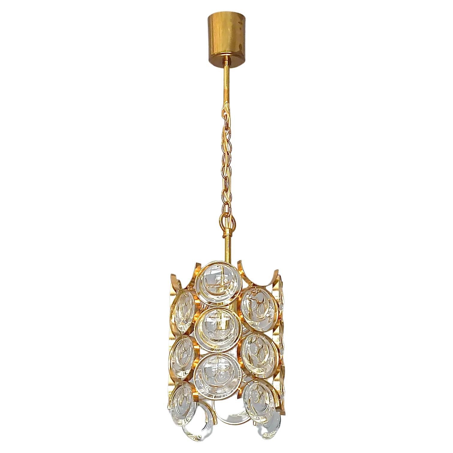 Signed Palwa Mid-Century Chandelier Gilt Brass Crystal Glass 1960 Op Art Pop Art For Sale