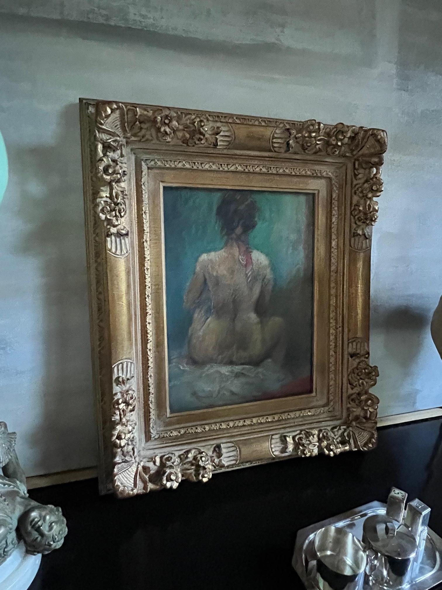 Pastel of nude female wearing only a red bandana, signed by the artist Paul F. Williams. Professionally framed in a carved wood frame painted gold and ready to hang!

Pastel by sight measures 15.25