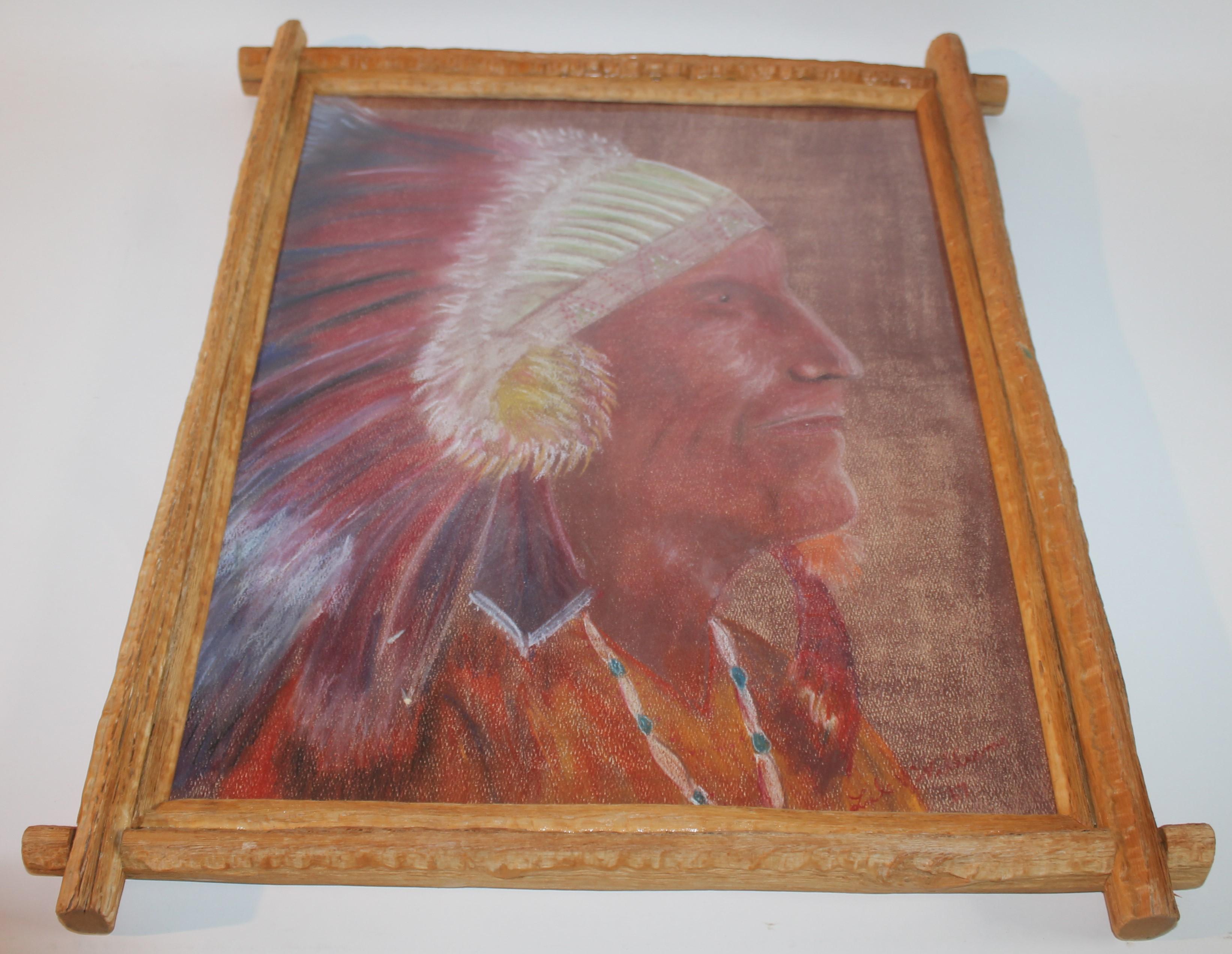 Name is Illegible and this water color pastel of a Indian chief is
Signed underneath name is the year of '67. The frame is handmade from cactus and dated 94.