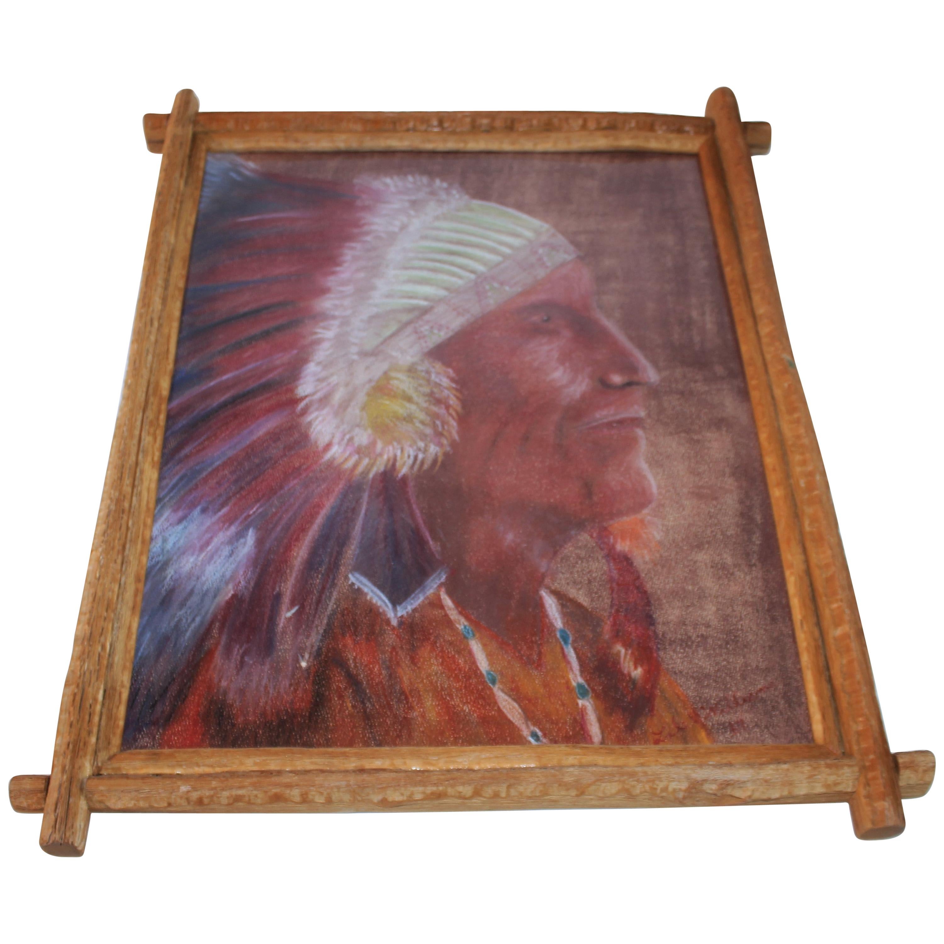 Signed Pastel Water Color of a Indian Chief For Sale