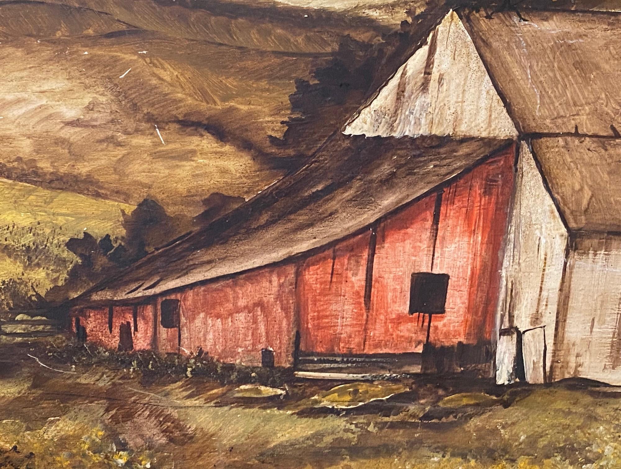 Signed Pastoral Farmhouse Barn California Landscape Large Oil on Board Painting For Sale 3