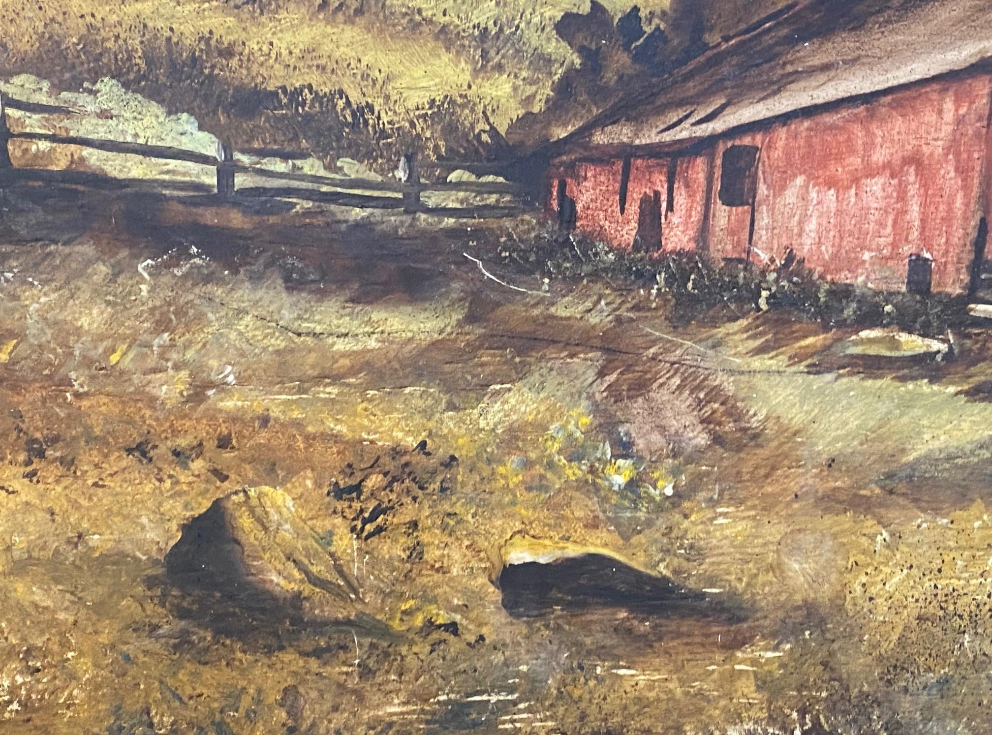 Signed Pastoral Farmhouse Barn California Landscape Large Oil on Board Painting For Sale 4