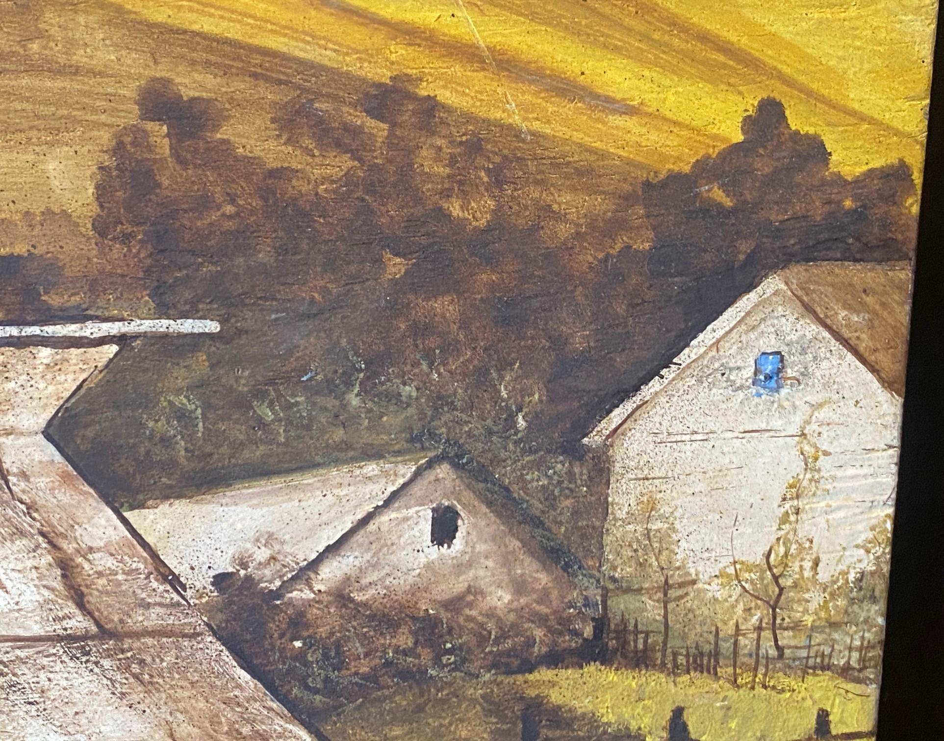Signed Pastoral Farmhouse Barn California Landscape Large Oil on Board Painting For Sale 5