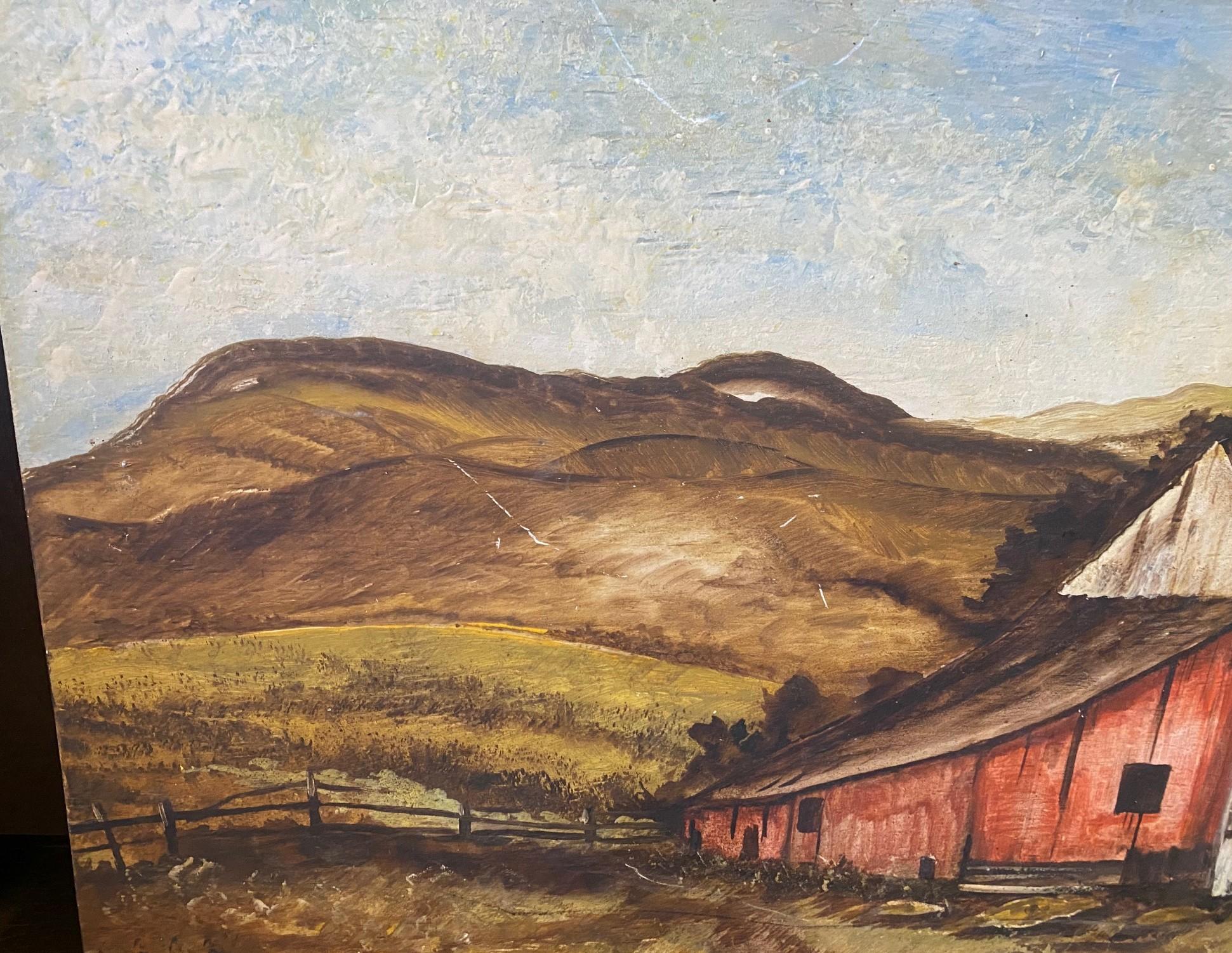Signed Pastoral Farmhouse Barn California Landscape Large Oil on Board Painting For Sale 9