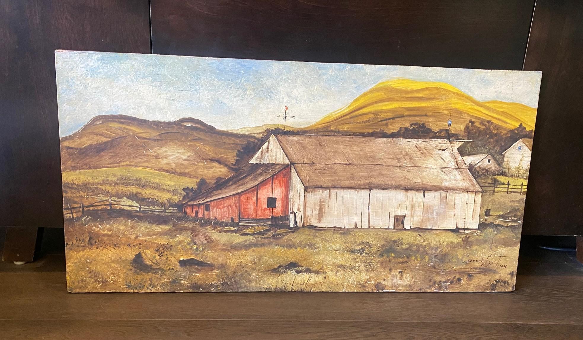 A beautiful, very meditative and serene pastoral oil on wood board painting of a farmhouse/barn set against a landscape backdrop featuring rolling golden hills and a light blue sky.  As we acquired the painting from a Southern California collection