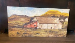 Signed Pastoral Farmhouse Barn California Landscape Large Oil on Board Painting