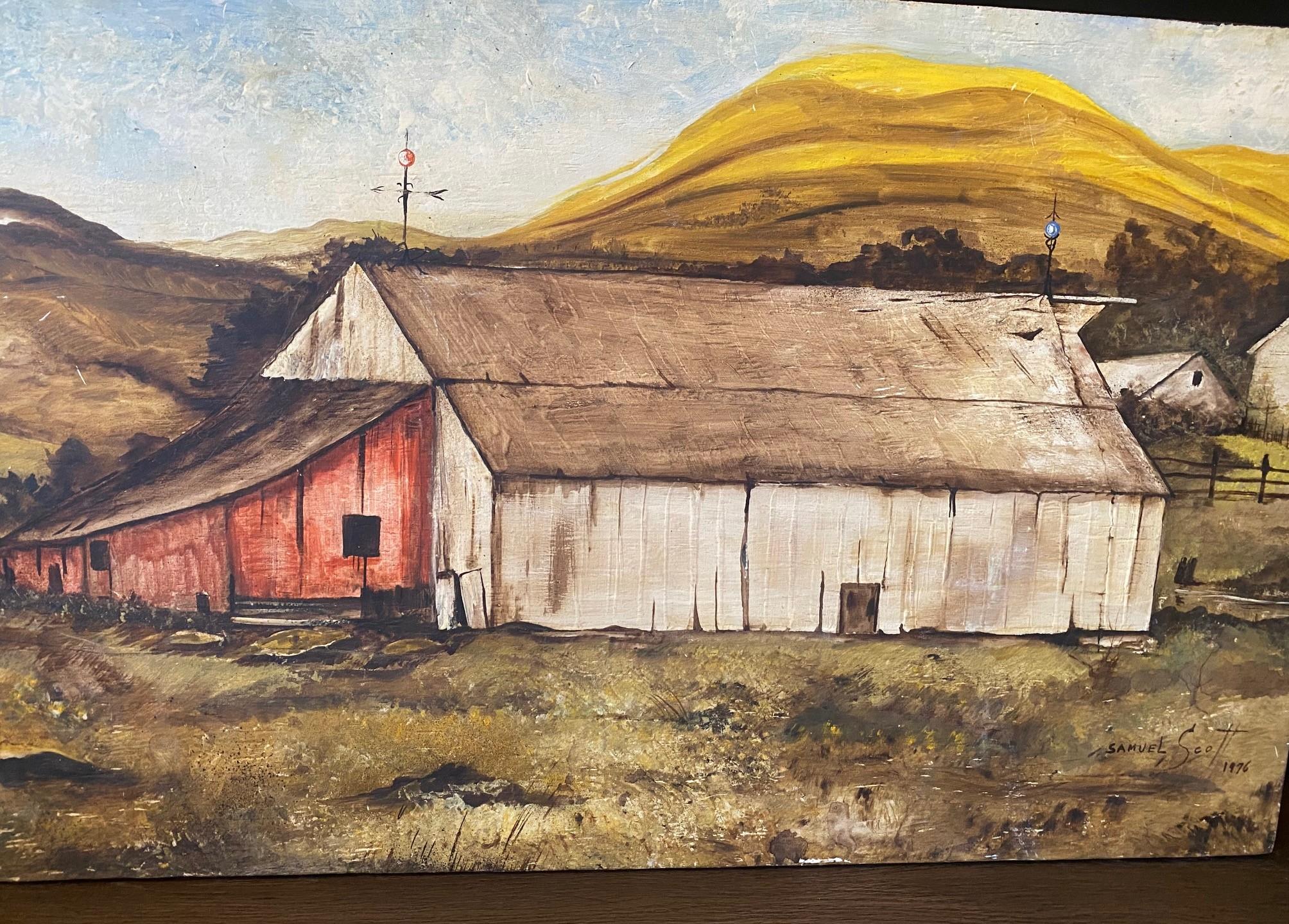 Mid-Century Modern Signed Pastoral Farmhouse Barn California Landscape Large Oil on Board Painting For Sale