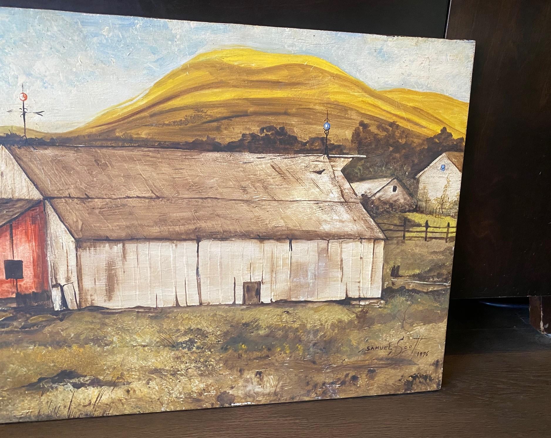 American Signed Pastoral Farmhouse Barn California Landscape Large Oil on Board Painting For Sale