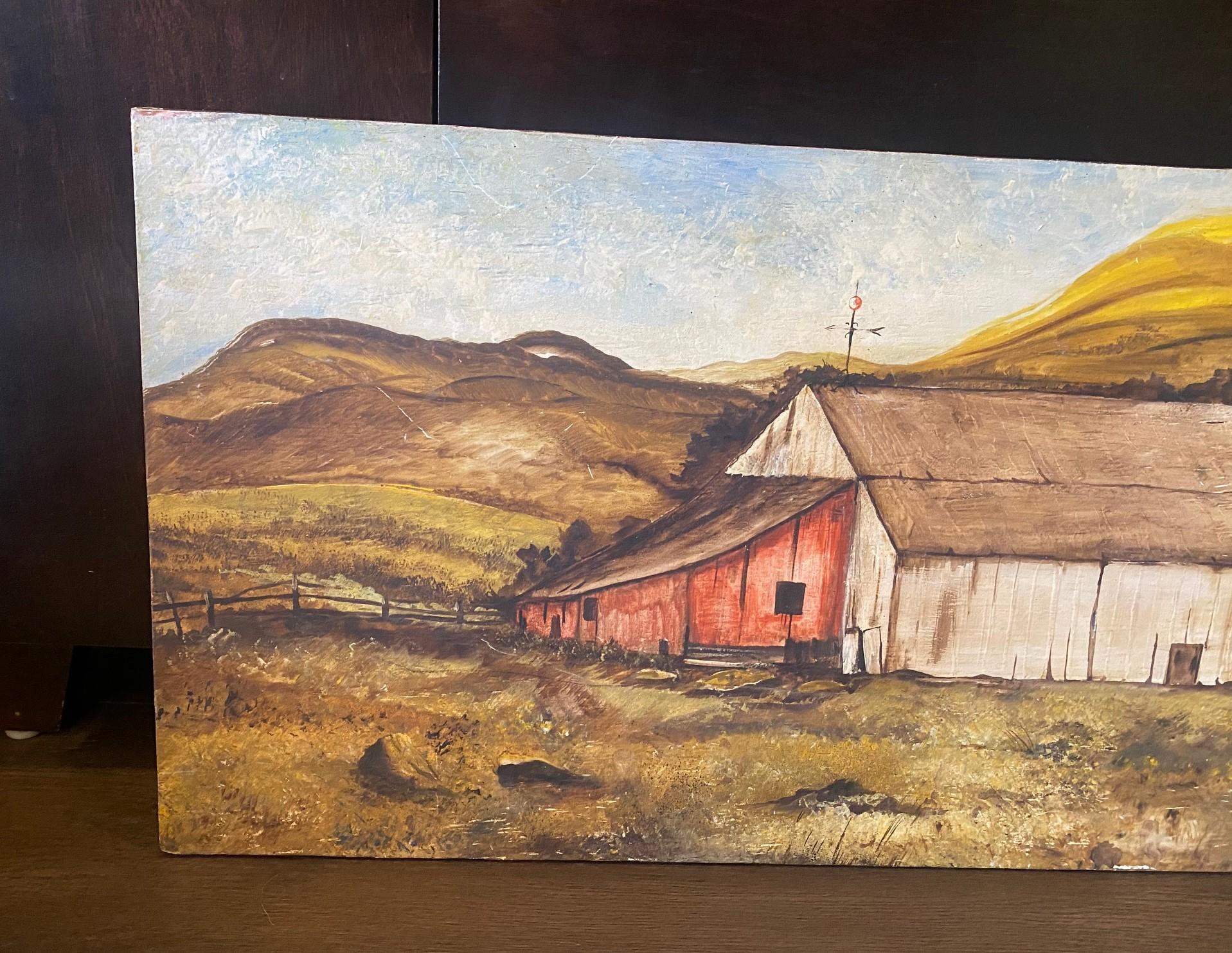 Hand-Painted Signed Pastoral Farmhouse Barn California Landscape Large Oil on Board Painting For Sale