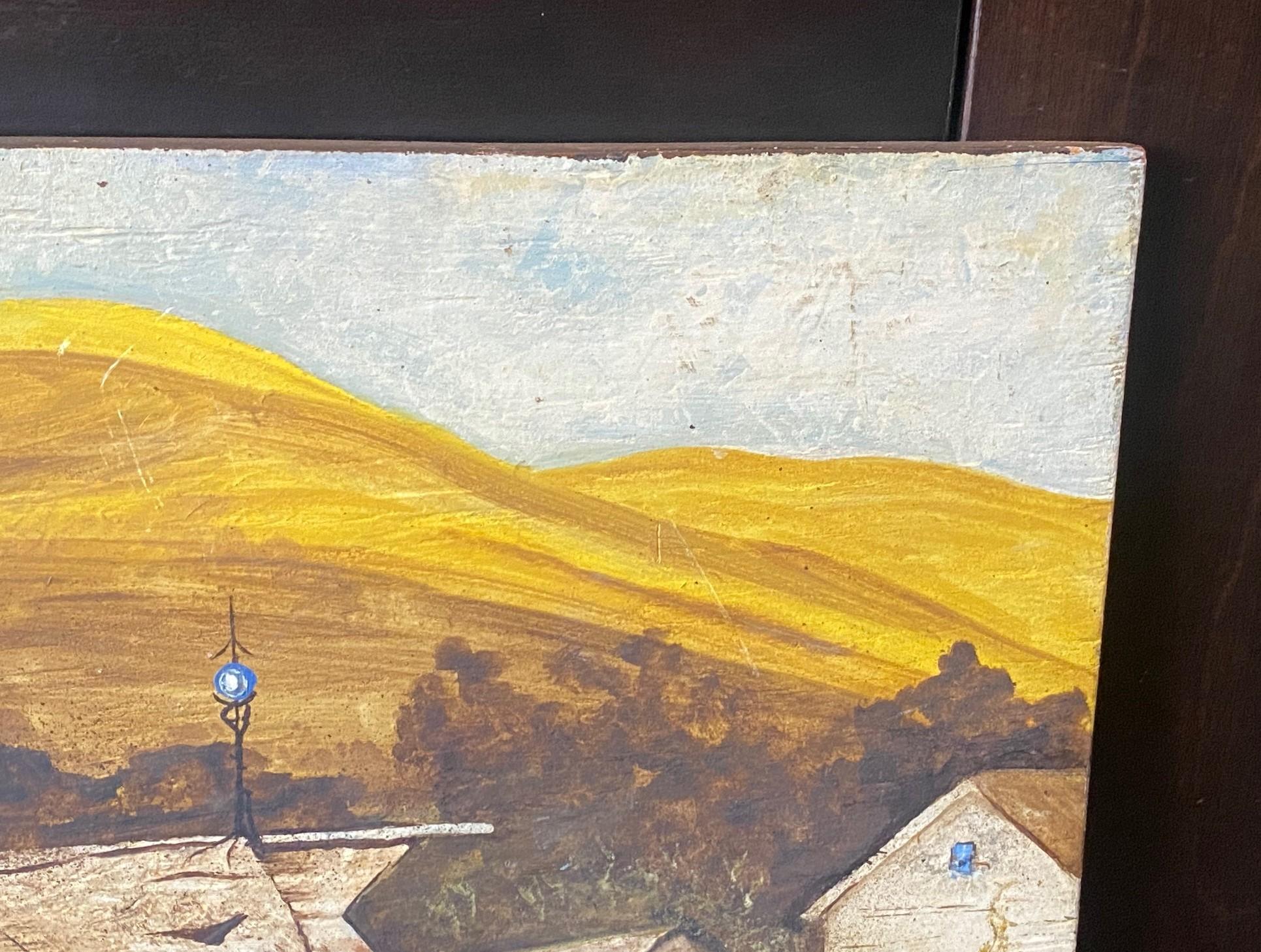 Signed Pastoral Farmhouse Barn California Landscape Large Oil on Board Painting In Fair Condition For Sale In Studio City, CA