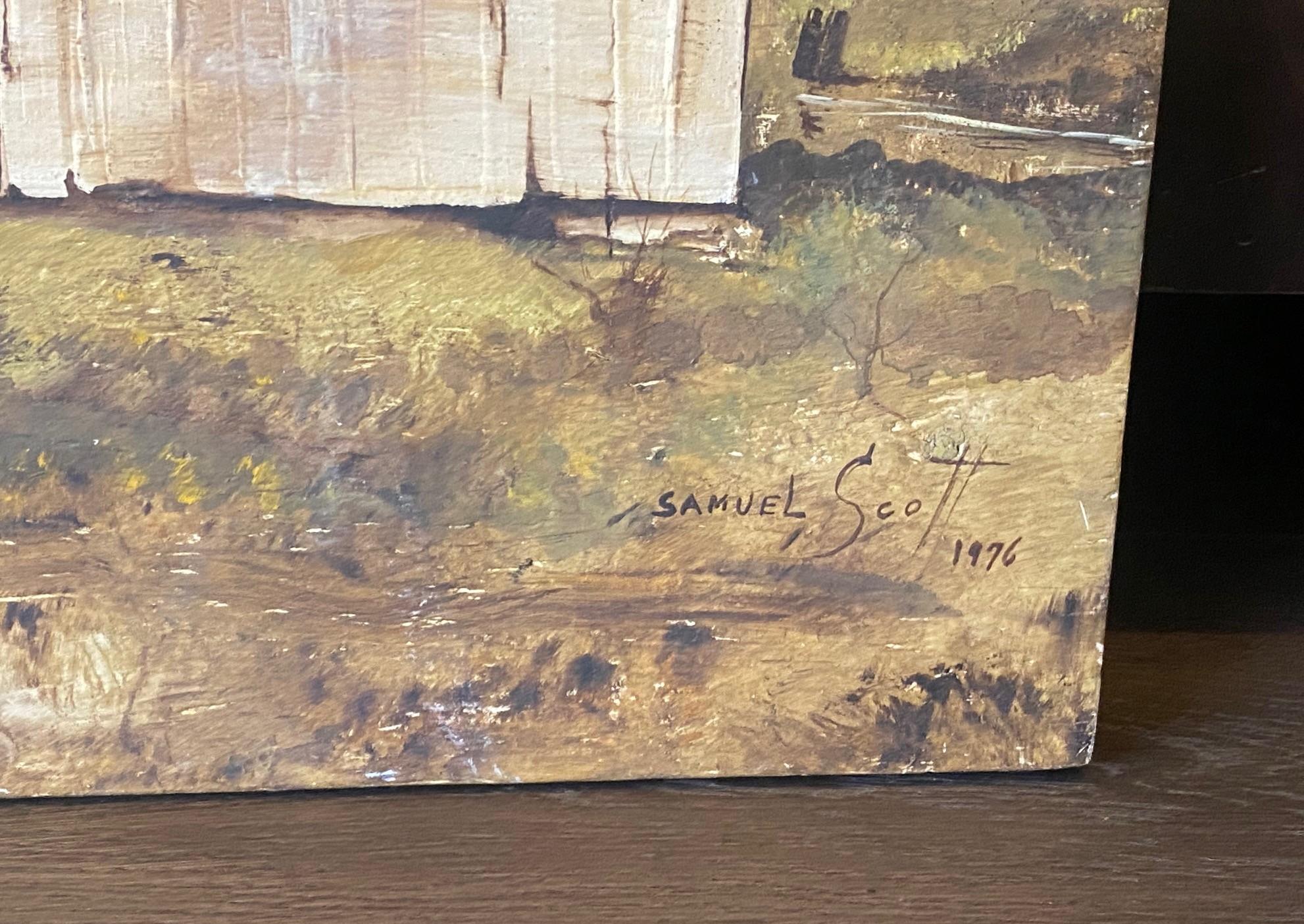 Late 20th Century Signed Pastoral Farmhouse Barn California Landscape Large Oil on Board Painting For Sale