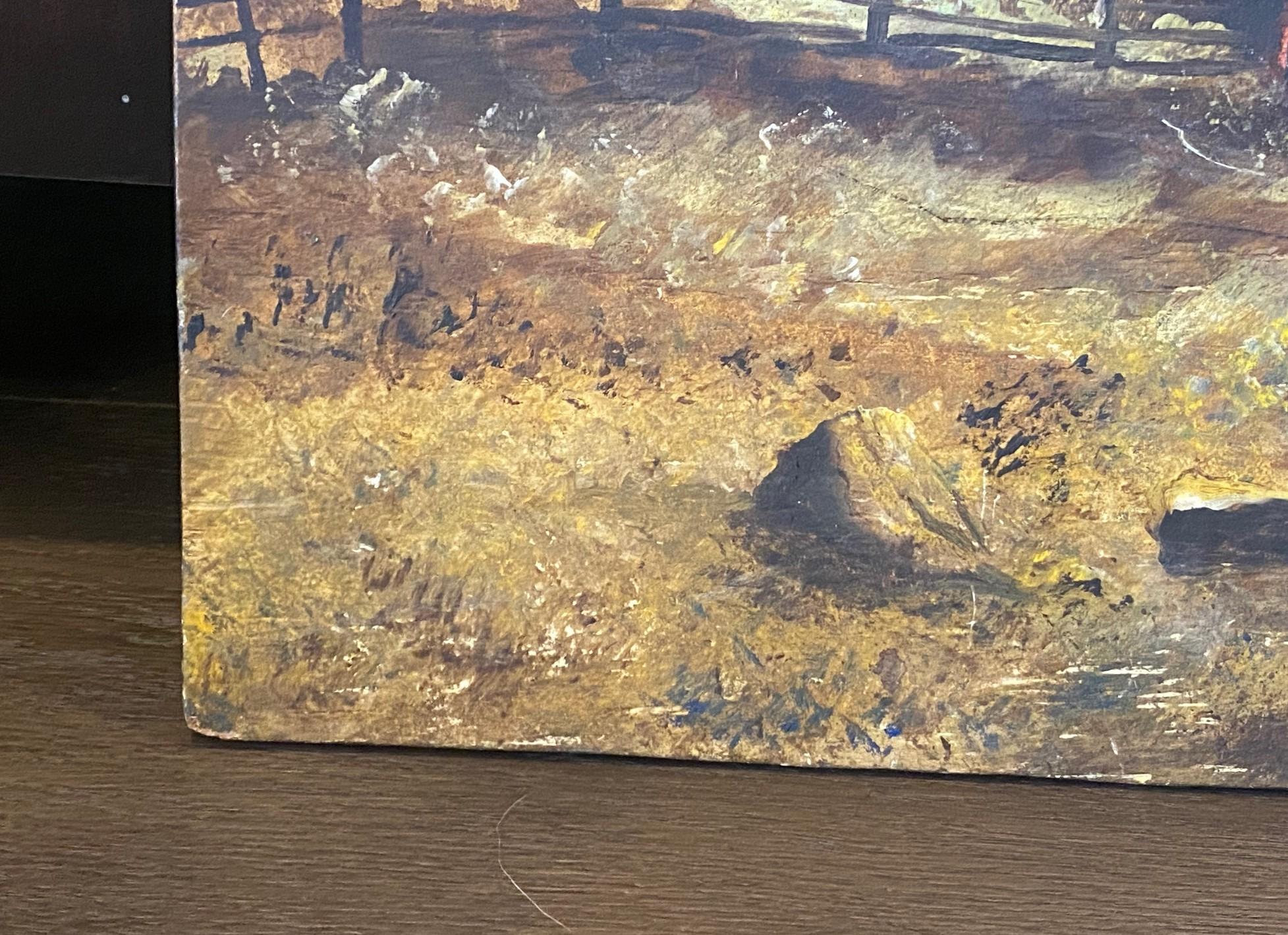 Wood Signed Pastoral Farmhouse Barn California Landscape Large Oil on Board Painting For Sale