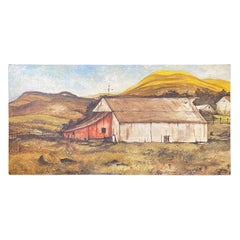 Signed Pastoral Farmhouse Barn California Landscape Large Oil on Board Painting