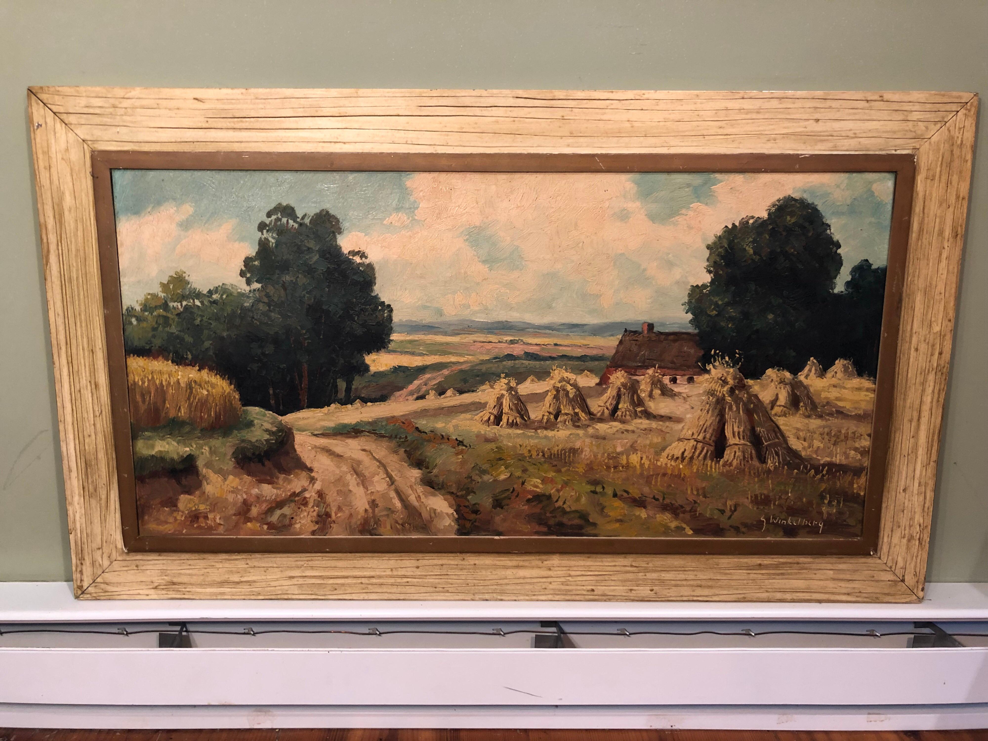 Signed Pastoral Landscape on Canvas signed G. Winkelberg. Bucolic farm landscape with bails of hay and a barn. Nice rustic country frame. Muted earth tones to this plein air piece.
