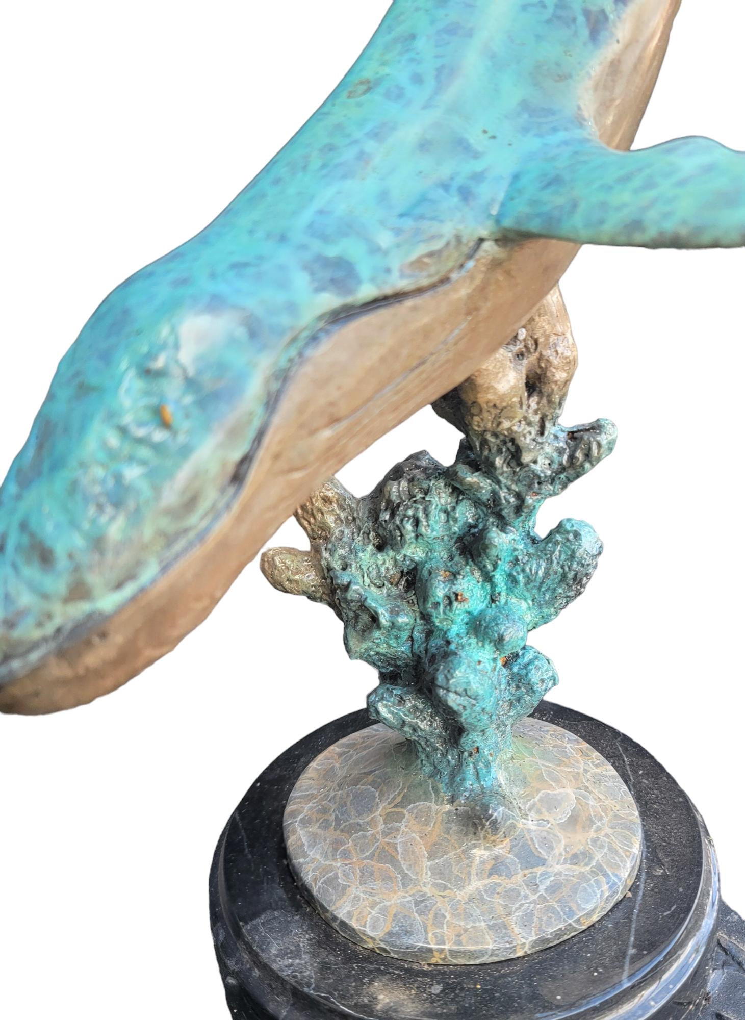 Modern Signed Patinaed Whale With Marble Base For Sale