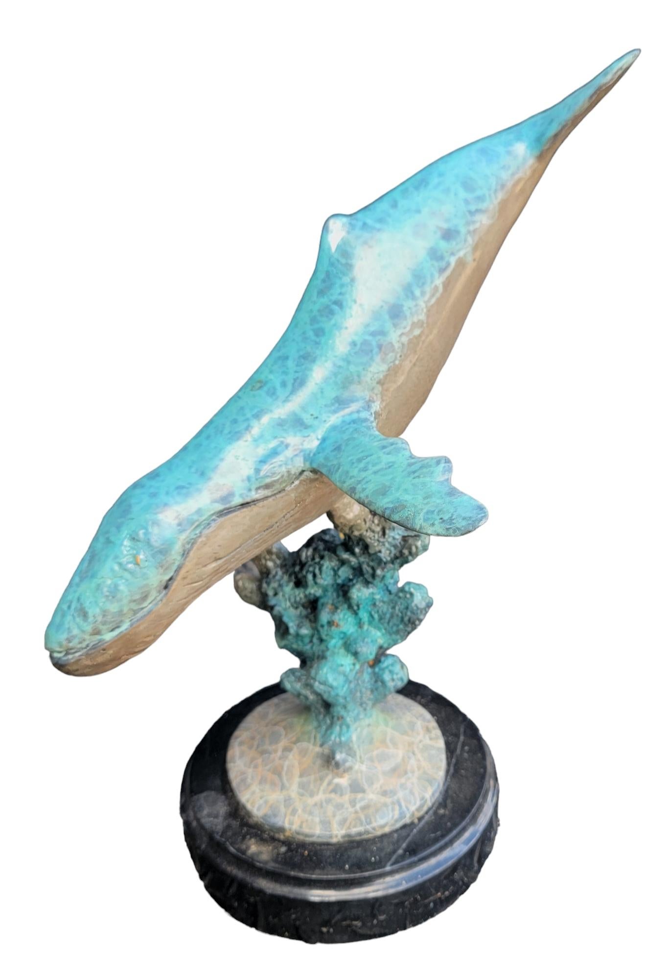Signed Patinaed Whale With Marble Base In Good Condition For Sale In Pasadena, CA