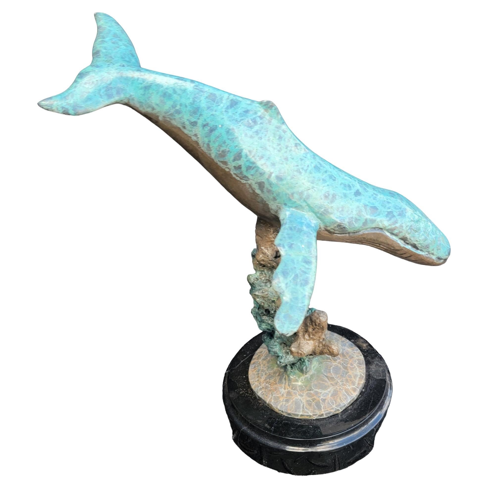 Signed Patinaed Whale With Marble Base For Sale