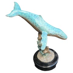 Signed Patinaed Whale With Marble Base