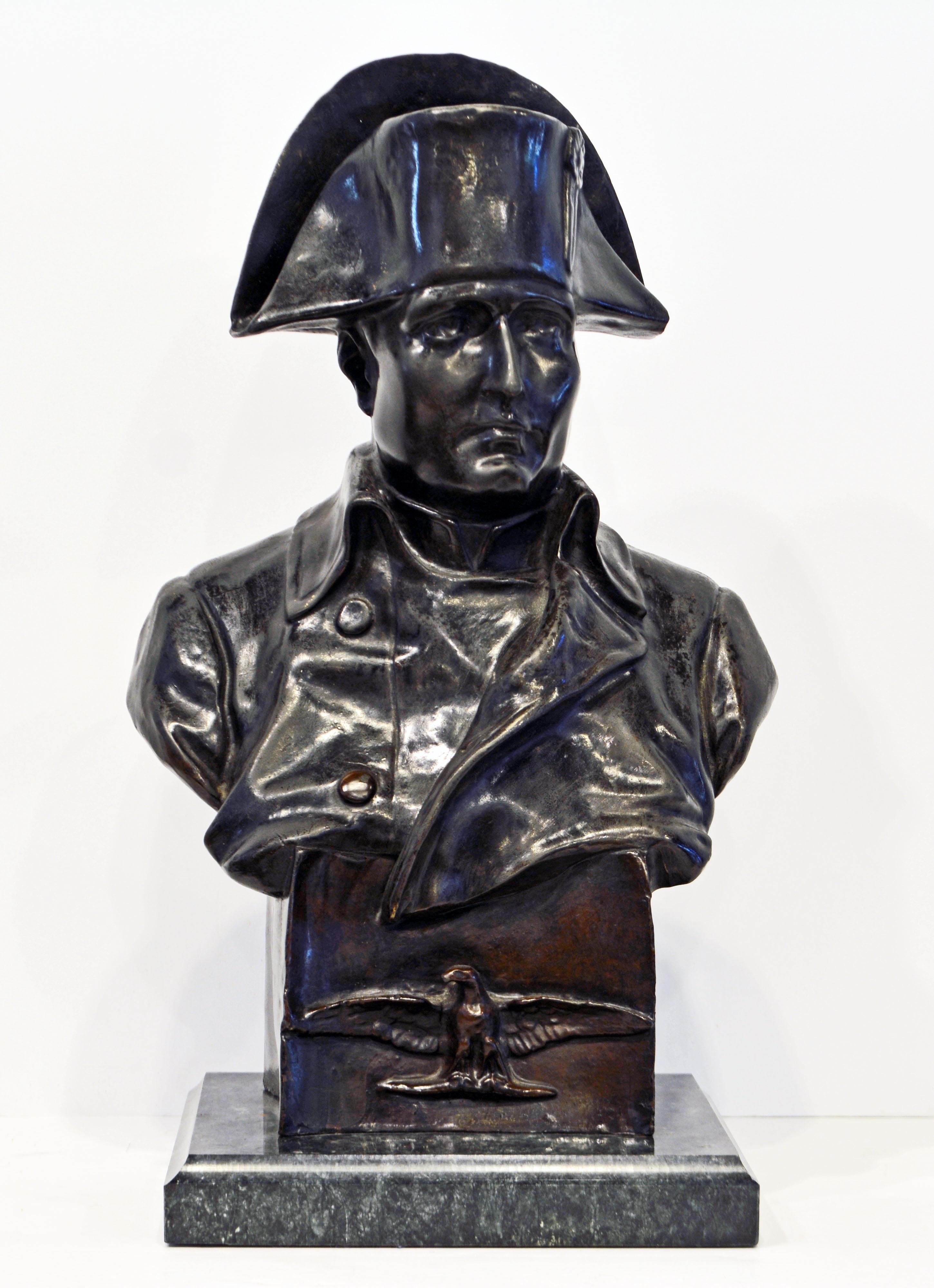 Neoclassical Signed Patinated Bronze Bust of Napoleon I on Plinth with Eagle and Marble Base