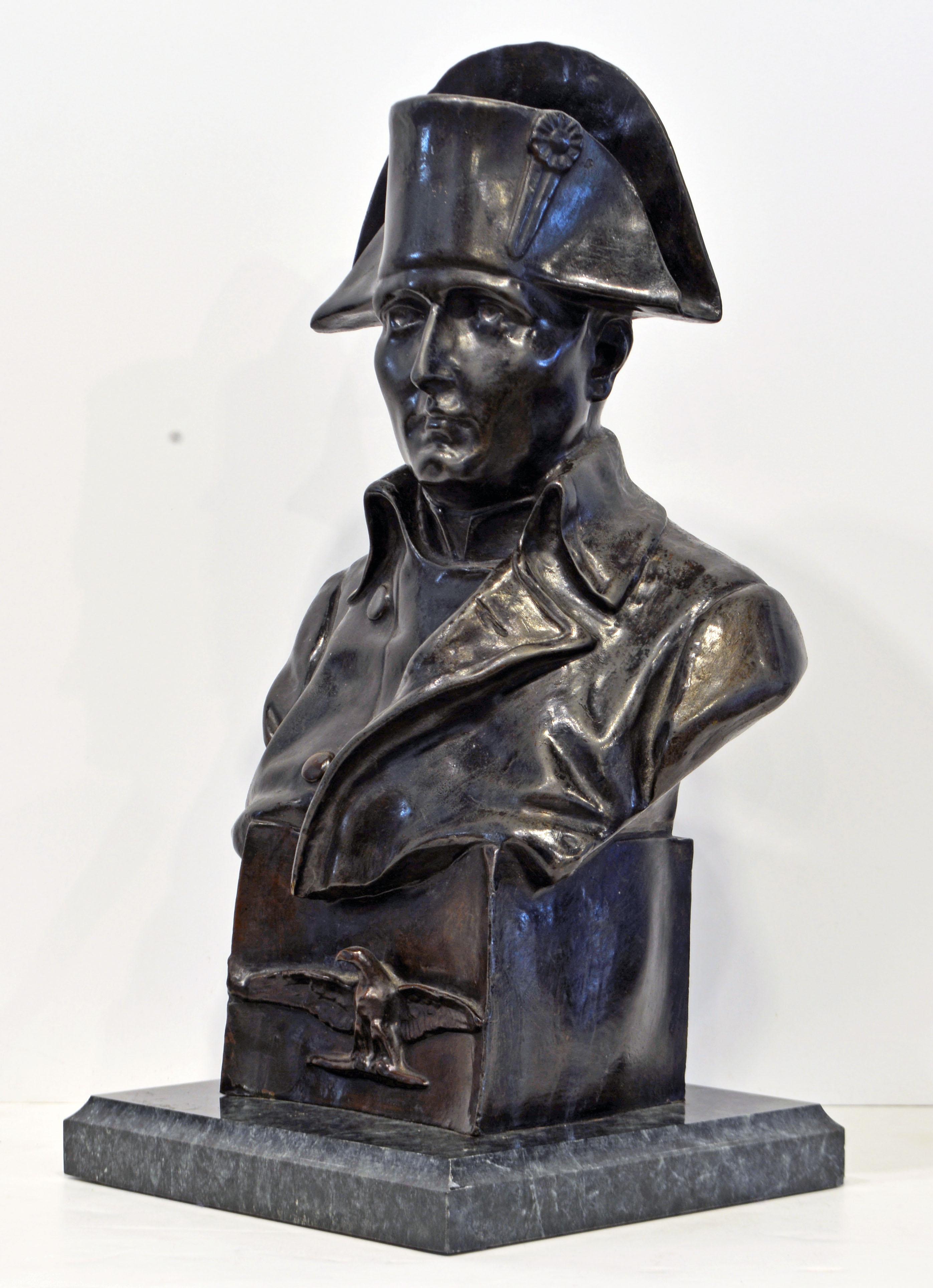 Italian Signed Patinated Bronze Bust of Napoleon I on Plinth with Eagle and Marble Base