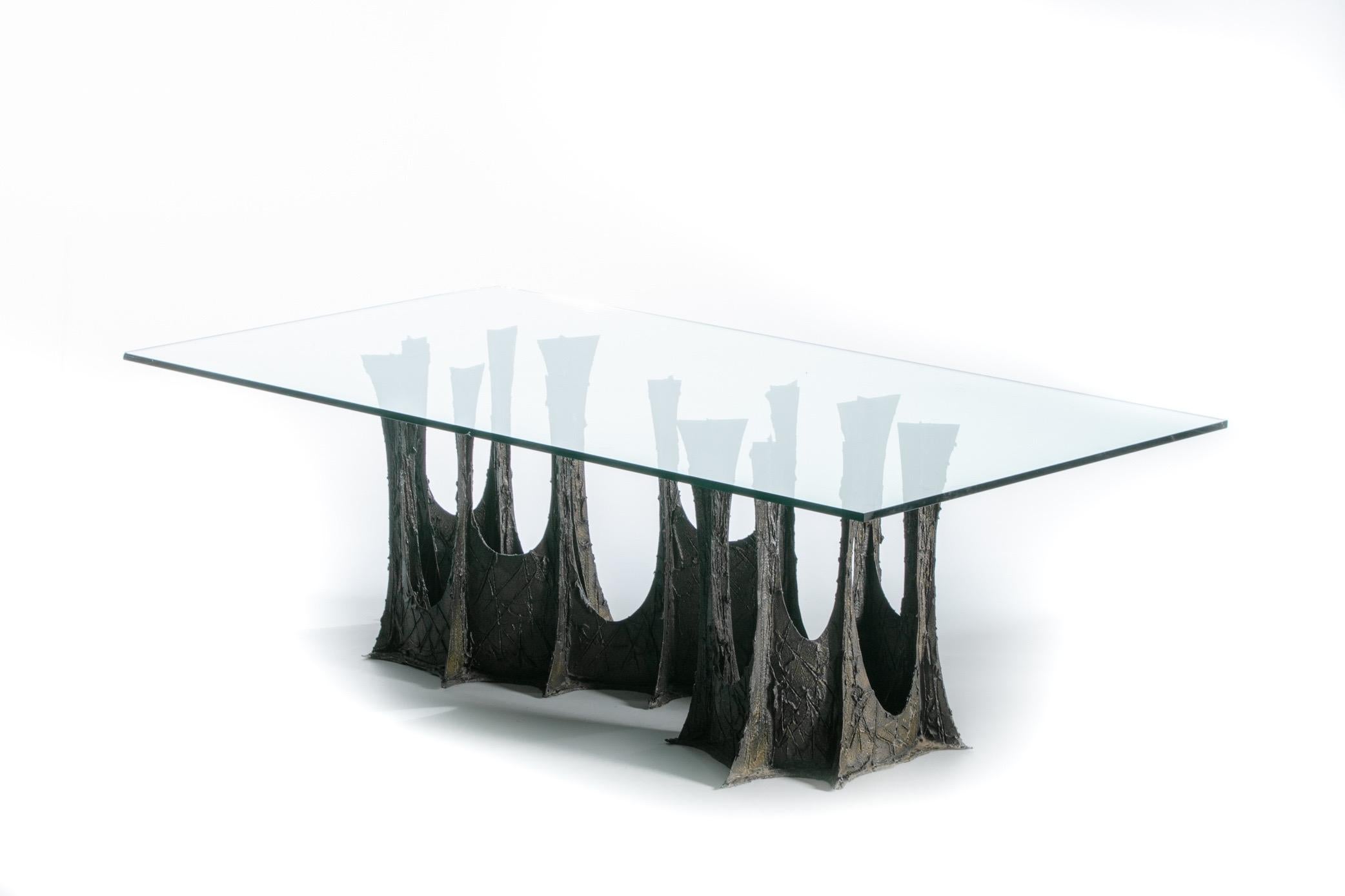 Signed Paul Evans Brutalist Dining Table Sculpted of Bronze, circa 1974 1