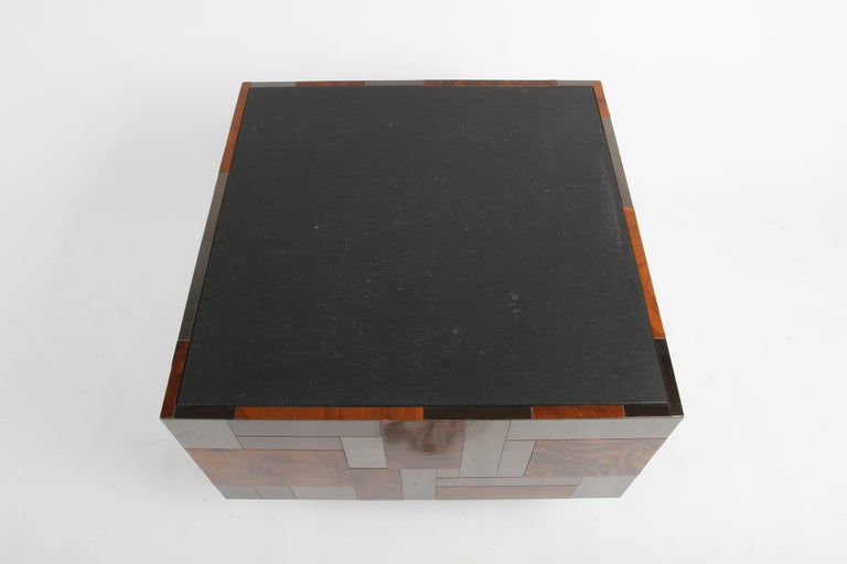 Signed Paul Evans Directional Metal & Burl Wood Patchwork Slate Top End Table For Sale 5