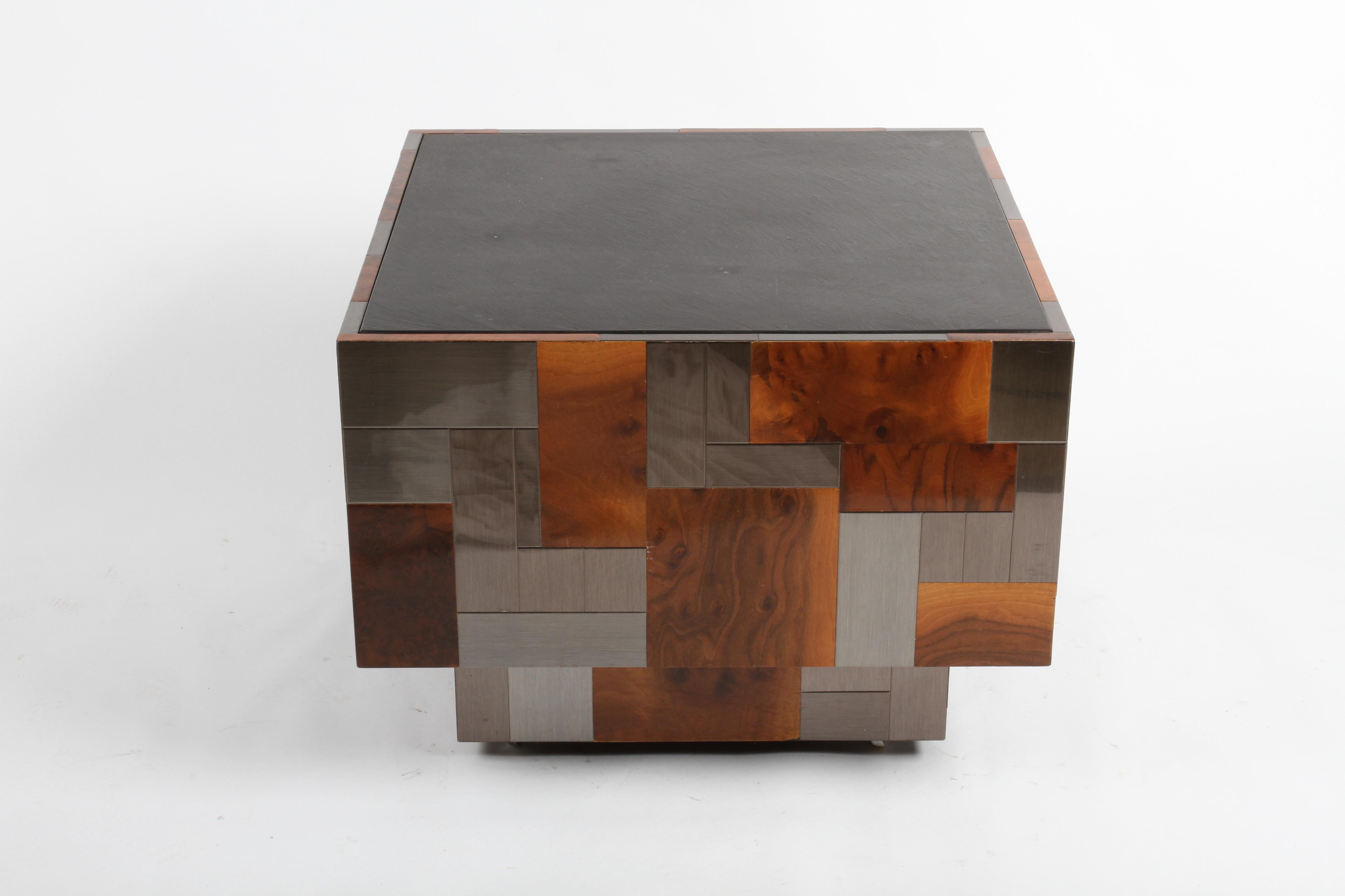 Signed Paul Evans Directional Metal & Burl Wood Patchwork Slate Top End Table 7