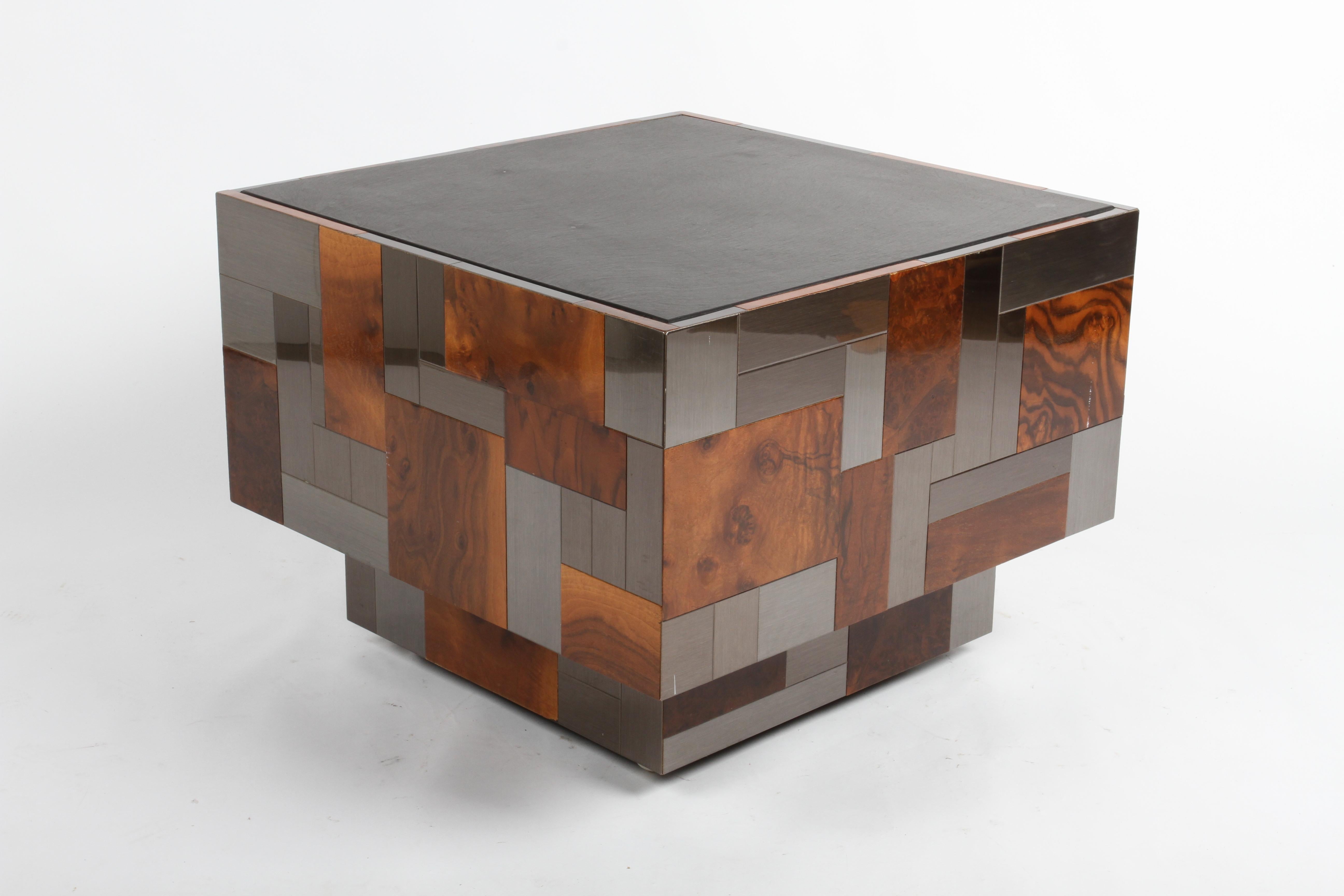 Signed Paul Evans Directional Metal & Burl Wood Patchwork Slate Top End Table 8