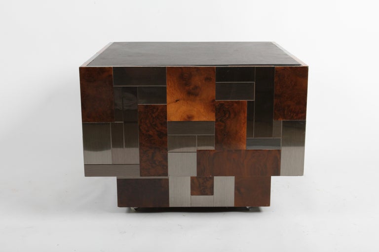 Mid-Century Modern Signed Paul Evans Directional Metal & Burl Wood Patchwork Slate Top End Table For Sale