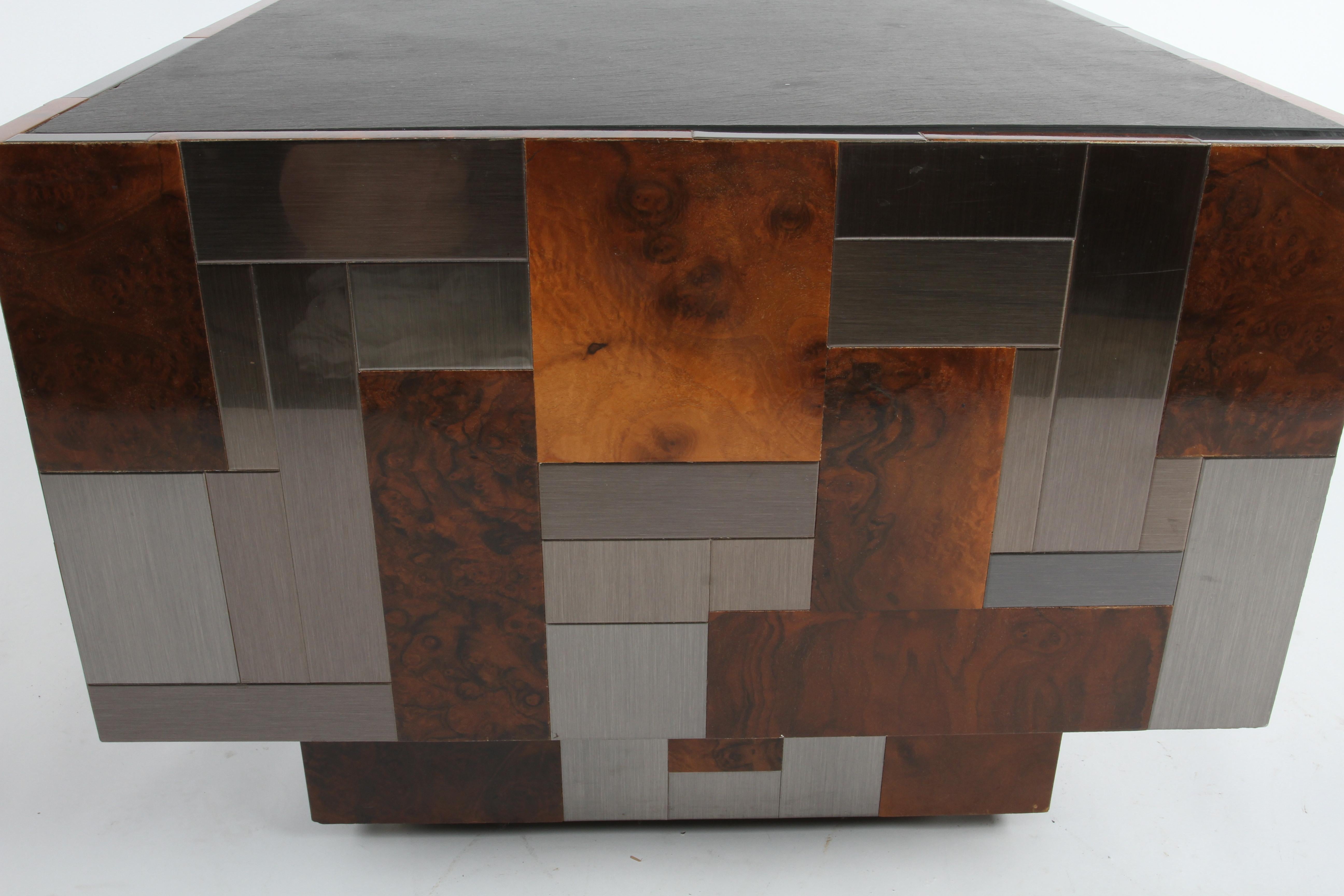 American Signed Paul Evans Directional Metal & Burl Wood Patchwork Slate Top End Table