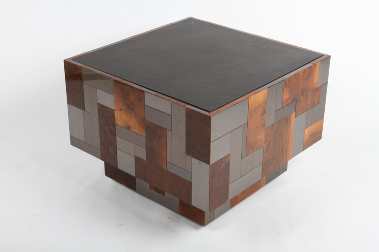 Signed Paul Evans Directional Metal & Burl Wood Patchwork Slate Top End Table In Good Condition For Sale In St. Louis, MO