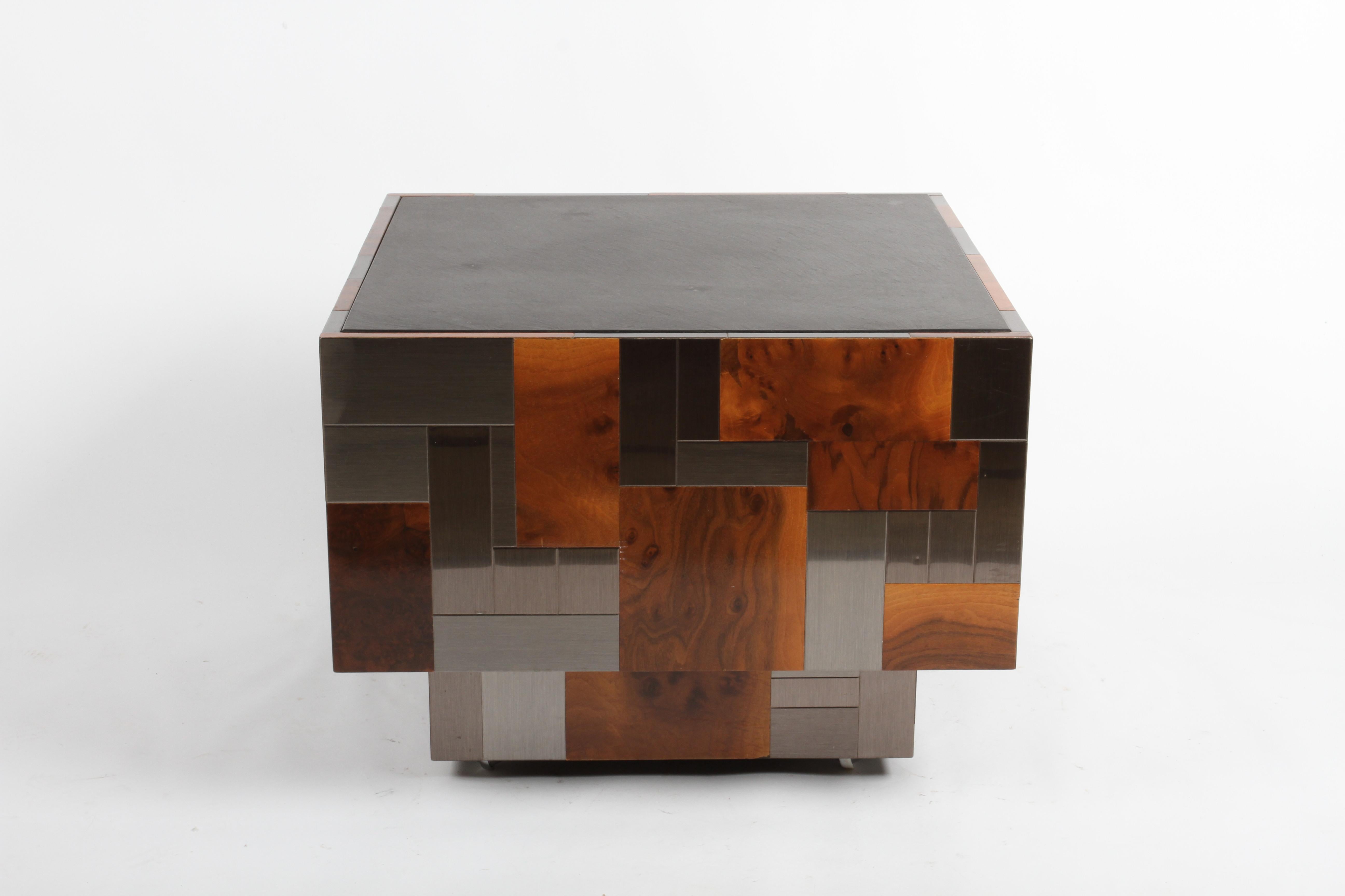 Signed Paul Evans Directional Metal & Burl Wood Patchwork Slate Top End Table 2