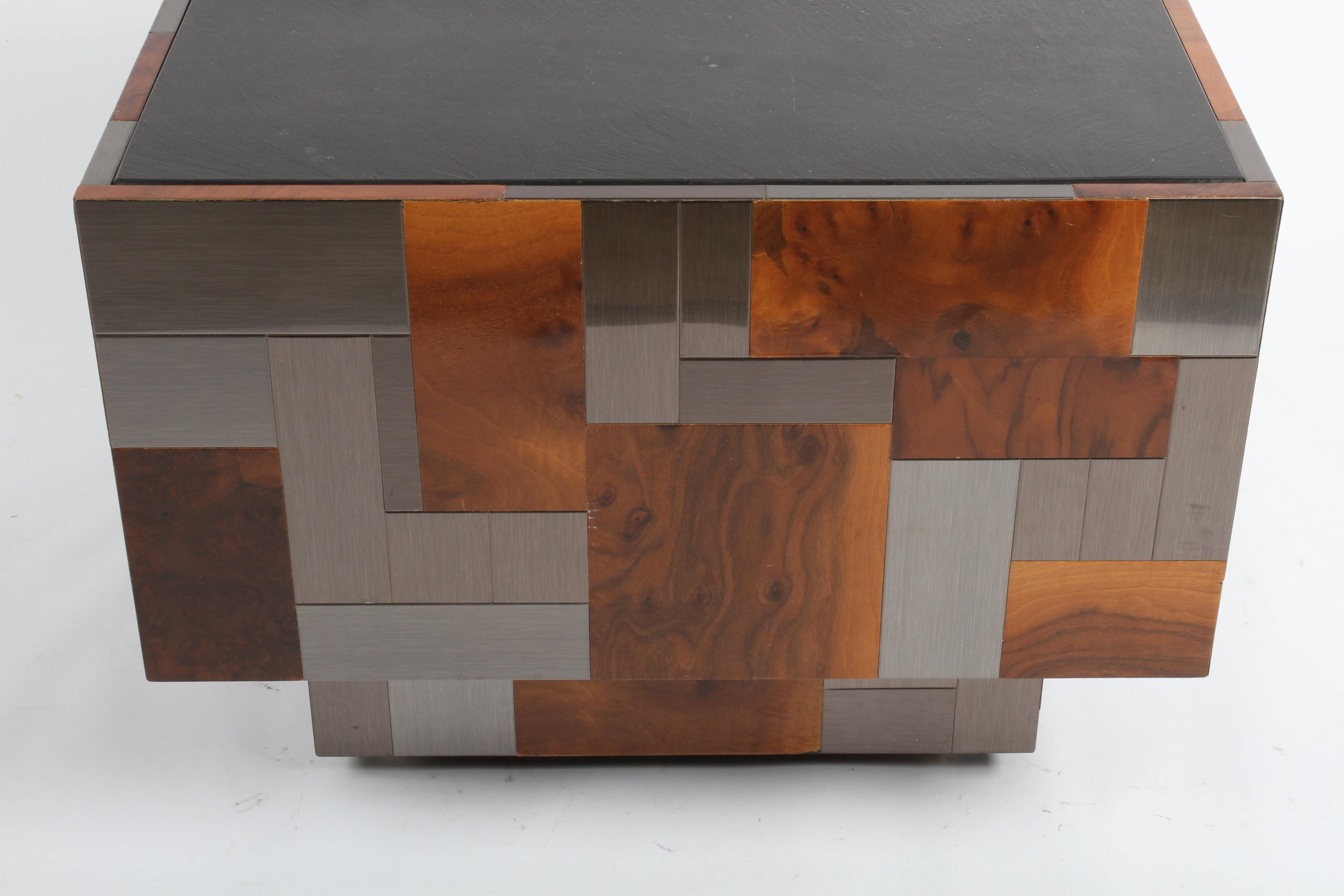 Signed Paul Evans Directional Metal & Burl Wood Patchwork Slate Top End Table 3