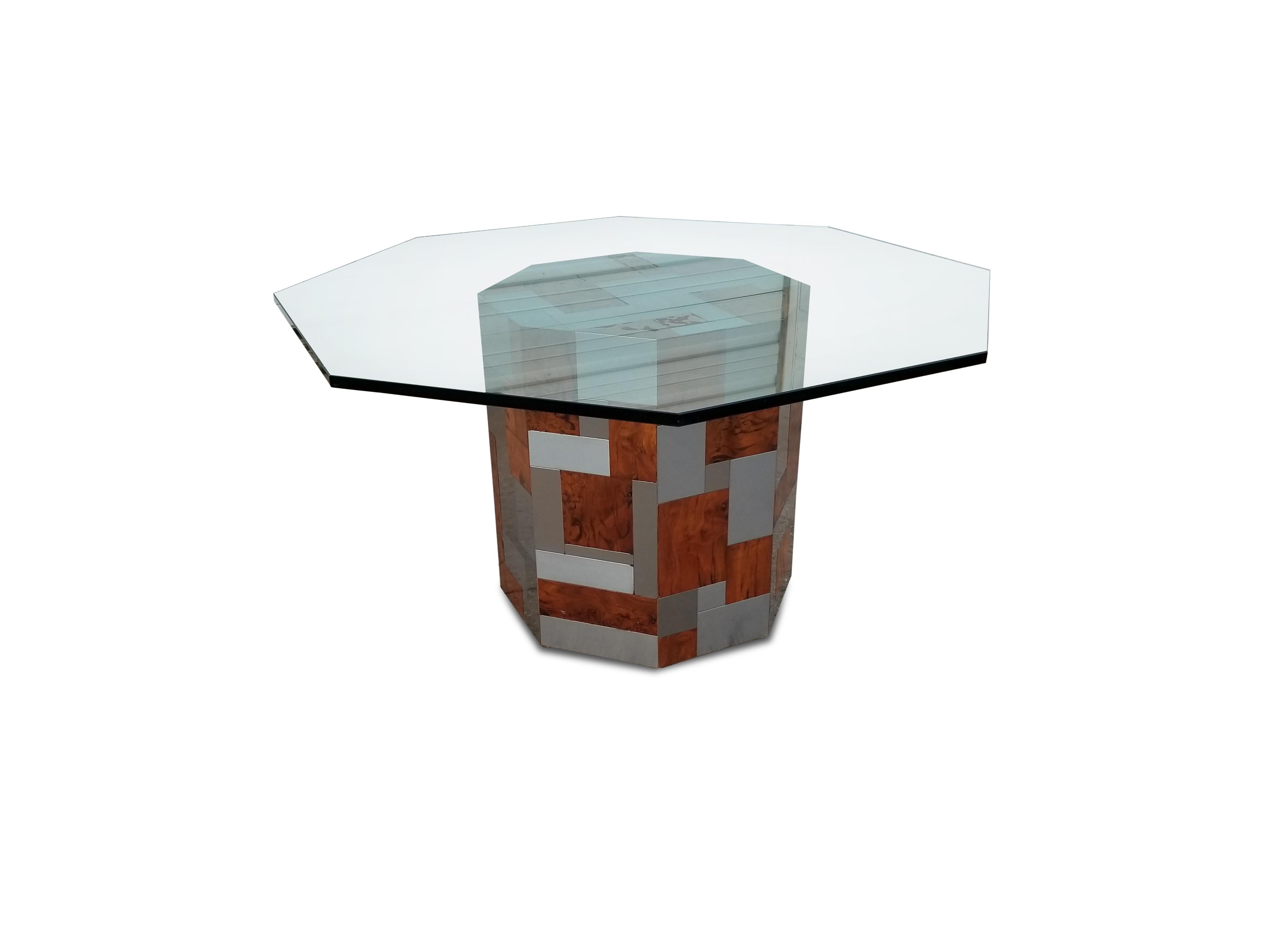 American Signed Paul Evans Octagonal Cityscape Burl Wood and Chrome Dining Table For Sale