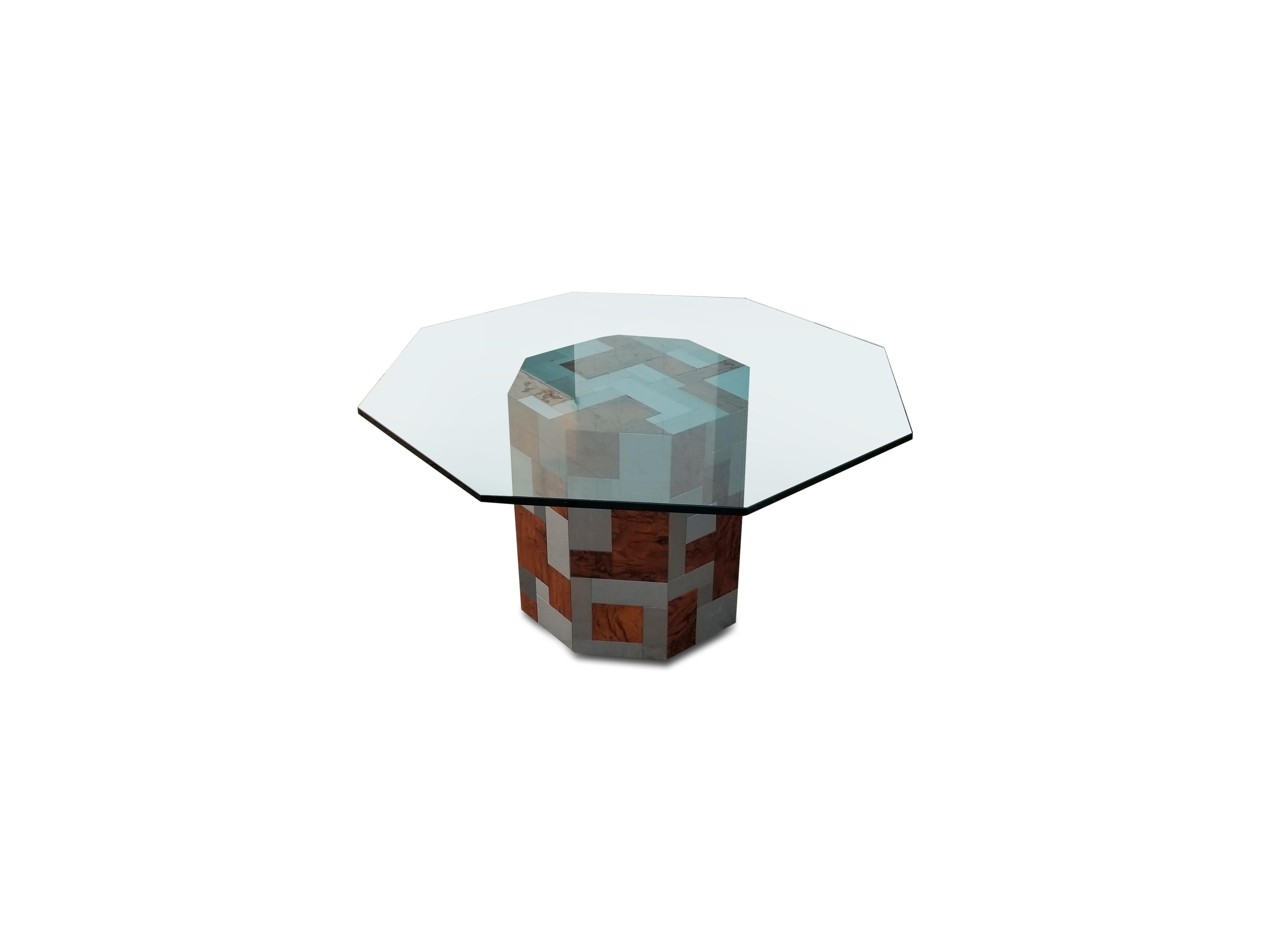 20th Century Signed Paul Evans Octagonal Cityscape Burl Wood and Chrome Dining Table For Sale